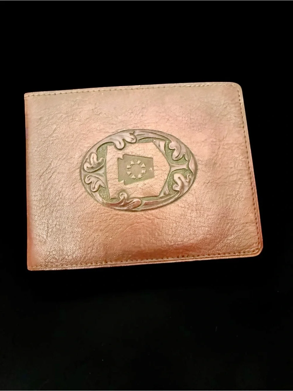 Vintage Handcrafted Brown Leather Bi-Fold Wallet Tooled Western Shield Design
